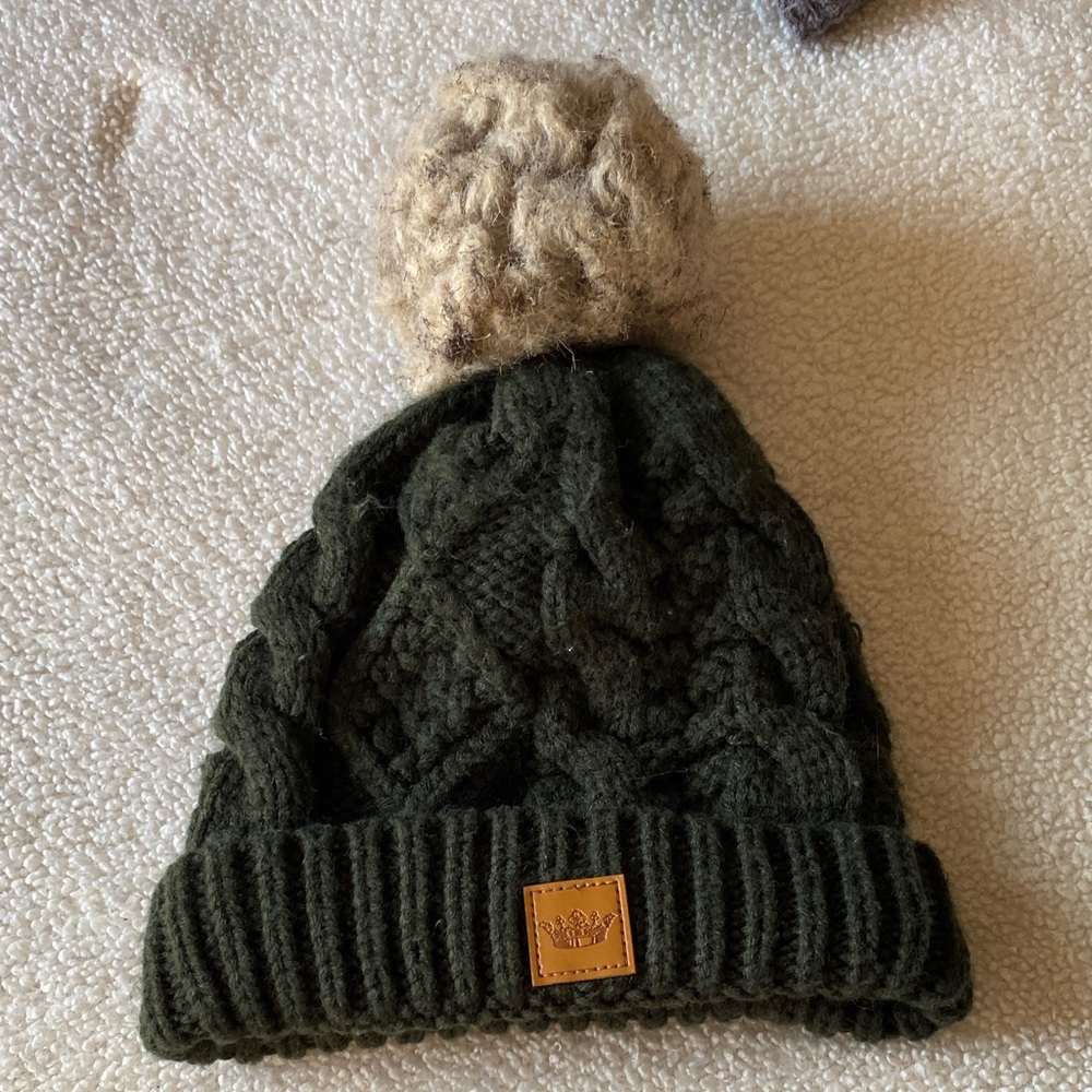 Panache Forest Green Cable Knit Hat with Cream Pom-Pom